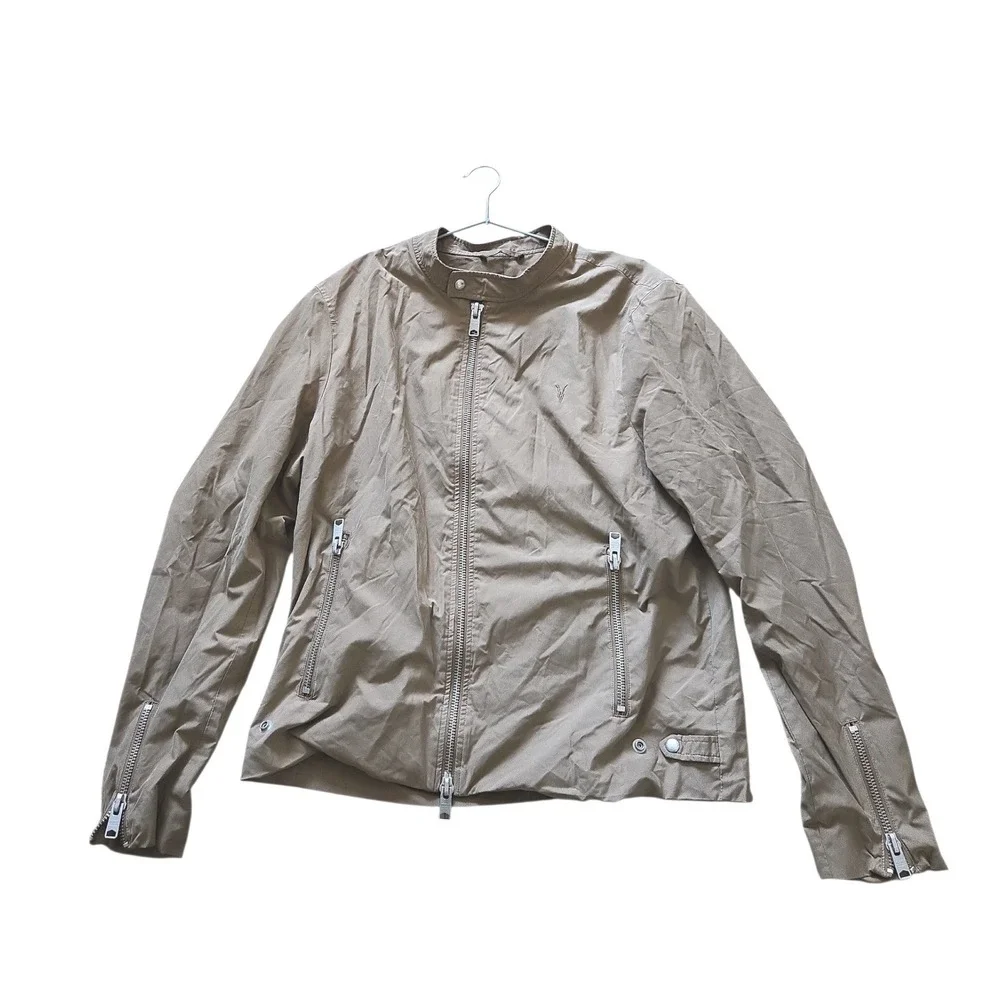 AllSaints Mens Tan Khaki Racer Bomber Jacket XL Embroidered Logo Zip Cuffs - Picture 2 of 16